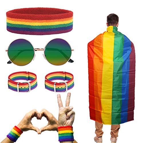 HAKOTOM 5Tlg Gay Pride Accessoire Regenbogen Umhang Regenbogenstirnband LGBT Rainbow Gay Pride Set mit Runde Brille für Gaypride Feiern Festival Schwulenpa