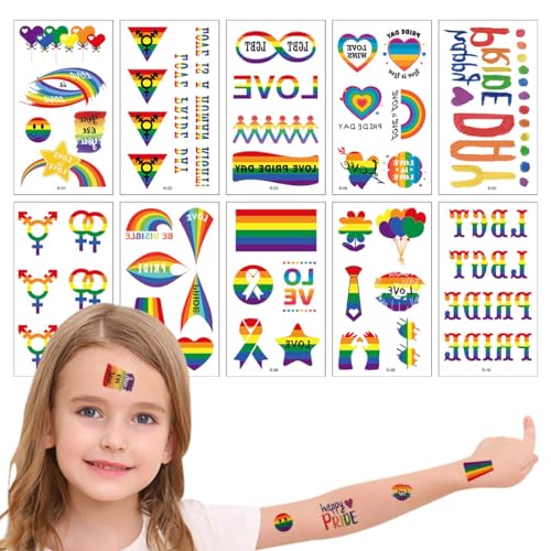 10 Blätter Temporäre Tattoos, Regenbogen Tattoos Aufkleber, Gay Tattoo, LGBT Temporäre Tattoos, Rainbow Pride Tattoos, für Gay Partys, Frauen Männer Gay Pride Feiern