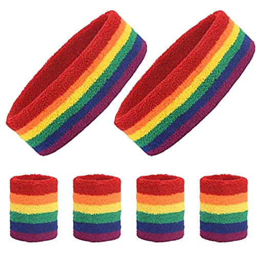 LAMEK 6Stk 80er Jahre Schweißbänder Set Neon Stirnband Absorbierendes Sportstirnband mit Regenbogen Armband Pride Party Accessoires für Damen Herren LGBTQ Schwulenparade Karneval