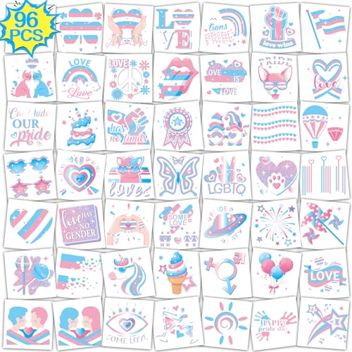 Qpout 96Pcs Transgender-Flagge Temporäre Tattoos Trans-Pride-Themen-Tattoo-Aufkleber mit blauem rosa weißem Muster für Pride-Party bevorzugt LGBTQ-Pride-Day-Gleichheitsparaden und -feiern