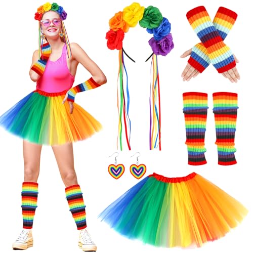 Hifot Regenbogen Tüllrock Damen mit Bunt Stirnband Kniestrümpfe Handschuhe Ohrringen LGBTQ Gay Pride Outfit Partybrille Tanzkleid Party Prom Faschings Kostüme