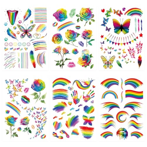 6 Blatt LGBT Gay Pride Temporäre Tattoos,Regenbogen Tattoos Gay LGBT Tattoos Pride Tattoos Aufkleber für Gay Pride Pride Feiern, Party, Aktivitäten