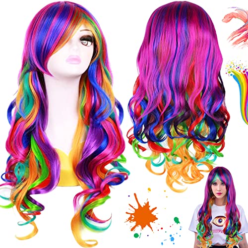 Soundzero Perücke Bunt Lang Locken,Regenbogen Perücke Damen Locken, Fasching Perücke Damen Regenbogen, Cosplay Perücke Bunte, 28 Zoll/70 cm, Geeignet für Alltag, Cosplay, Halloween