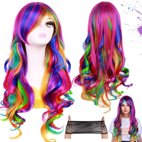 Dtoterul Perücke Bunt Lang Locken, Regenbogen Perücke Damen Locken, Fasching Perücken Damen Regenbogen, Mit Perückenhaube, 28 Zoll, Geeignet für Alltag, Cosplay, Halloween, Karneval