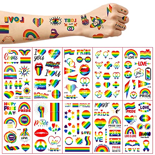 10 Blatt LGBT Gay Pride Rainbow Temporäre Tattoos, Regenbogen-Herz-Tattoos-Aufkleber, wasserdicht, Regenbogenflagge, Körperbemalung, Aufkleber für schwule Lesben, Feiern, Geburtstagsfeiern