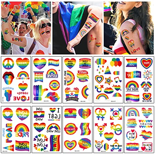 Tattoos Pride, Hillylolly 10 Stücke Temporäre Tattoos Gay, Gay Tattoo, Regenbogen Tattoo, Lgbt Tattoos, Tattoo Sticker Wasserfest, Long Lasting, für Frauen Männer Gay Pride Feiern