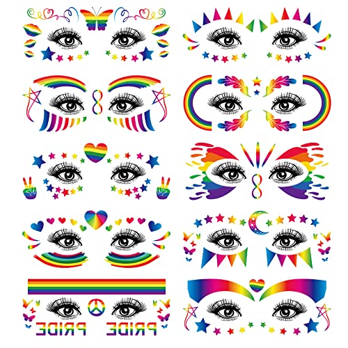 Nirbffo Regenbogen Tattoo Pride Temporäre Gesichts Tattoos Lgbt Tattoo Sticker Wasserfest Regenbogen Flagge Aufkleber Party für Frauen Männer Pride 10 Stück