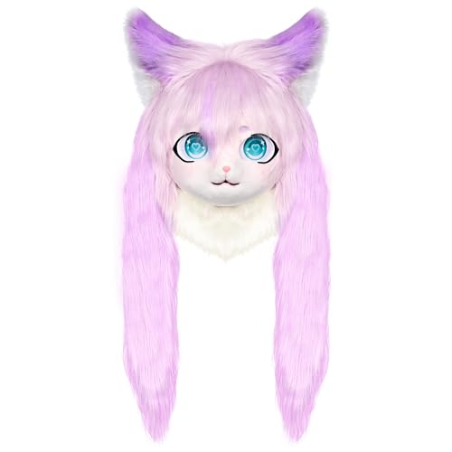 ZFKJERS Cosplay Fursuit Kopfbedeckung Tierkopf Katzenmaske Halloween Maskerade Erwachsene Kostüm Zubehör Set (Purple)