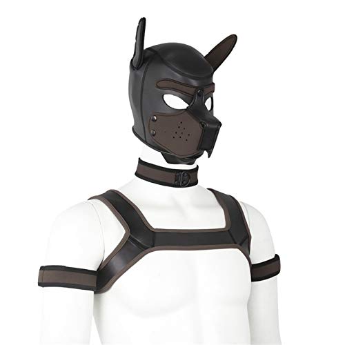 YiQin RWSX Weiche Latex-Hundemaske mit Ohren, Welpenmaske für Cosplay-Party-Maskerade Set (Maske, Halsband, Armbinde, Riemen) (Color : Brown, Size : X-Large)