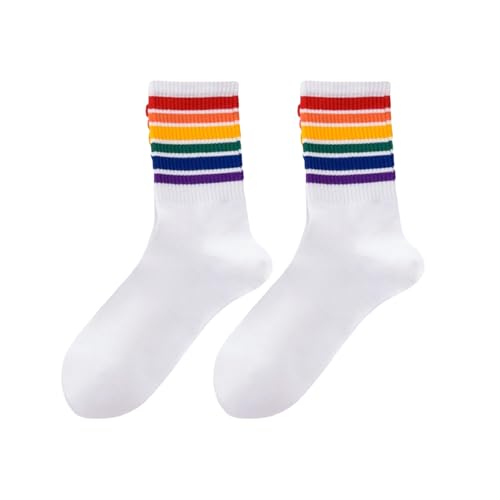 1 Pair Regenbogen Socken Pride Outfit Lgbtq Accessoires Rainbow Lesbian Merch Damen 39-42 Tennissocken Sportsocken Bunte Strümpfe Weiß Lgbt Deko Baumwolle Unisex Socks Ringelsocken Regenbogen-Socken