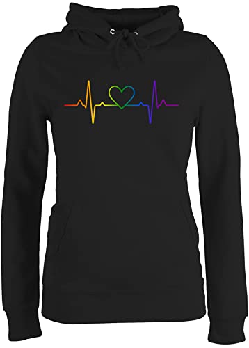 Pullover Damen Hoodie Frauen – LGBTQ Kleidung Flag – Herzschlag Regenbogen Pride – S – Schwarz – LGBT Herz Pulli CSD LGBTQ+Regenbogen Kapuzenpullover Lesbian Hoody lqbtq Hoodies Gay lgbtqia Queer