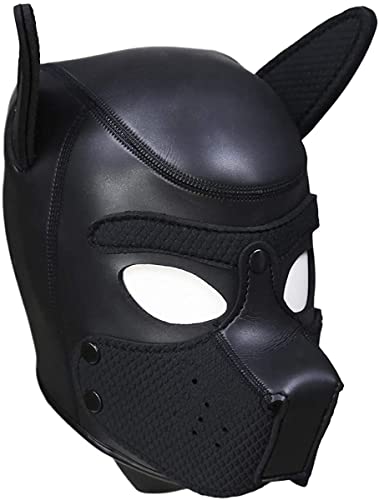 YiQin RWSX Hundemaske, Weiche Latex Petplay Hundemaske mit Ohren Welpenmaske Hunde Masken, Abnehmbarer Mund, Geeignet für Halloween, Urlaubsparty (Large, Black)