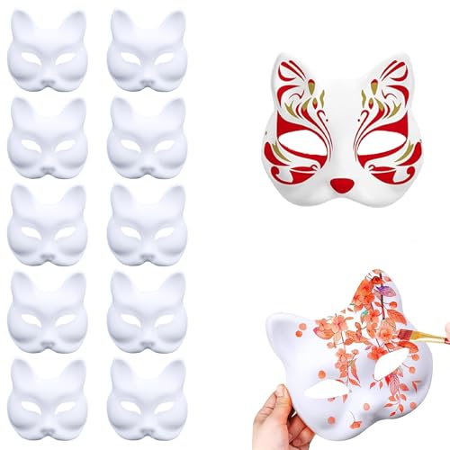 Xiujuers 10 Stück Therian Mask, Katzenmasken zum Bemalen, Handgemalte Cat Maske, Fuchs Maske, Diy Katzenmaske, Überstreichbare Papiermasken, Katzenmasken für Cosplay, Halloween, Feiertagsfeiern (B)