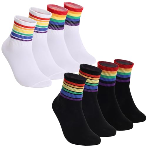 Sahunfri 4 Paar Regenbogensocken, Unisex, bequeme Pride-Socken mit verstärkter Ferse, Pride-Geschenk für Männer Frauen (DE/NL/SE/PL, Alphanumerisch, Einheitsgröße, Regular, Regular, 4, Schwarz+Weiß)