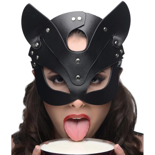 Moinha Katzenmaske Sexy PU Leder BDSM Fuchs Masken Damen Maskerade Bondage Maske Catwoman Maske Damen Katze Mask Halbgesichtsmaske Maskenball Augenmaske Adult Sex Produkte SM Sexspielzeug (Schwarz)