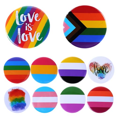 AOUZO 10 Stück Regenbogen Pride Anstecker, 5.7 x 5.7 cm Pride Pin LGBTQ Accessoires, Lesbisch, Schwul, Bisexuell, Pride Zeug, Runde Flagge Buttons für LGBT Gay Pride