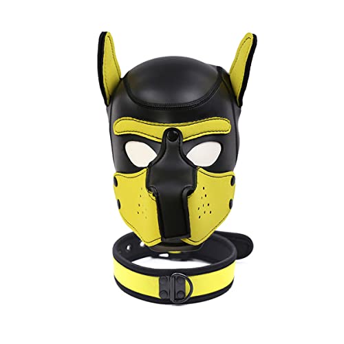 YiQin RWSX Hundemaske mit Kragen, Weiche Latex Petplay Hundemaske mit Ohren Welpenmaske Hunde Masken, Abnehmbarer Mund, Geeignet für Halloween, Urlaubsparty (L, Gelb)