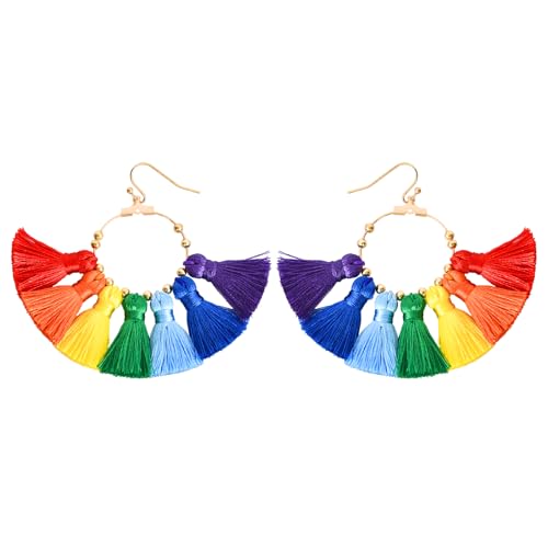 Regenbogen-Ohrringe mit Quasten, Quasten-Ohrringe Für Frauen, Quasten-Charms, Regenbogen-Ohrringe, Modeschmuck, Baumelnde Ohrringe, ethnische Vintage-Ohrringe, Karneval, Mottoparty