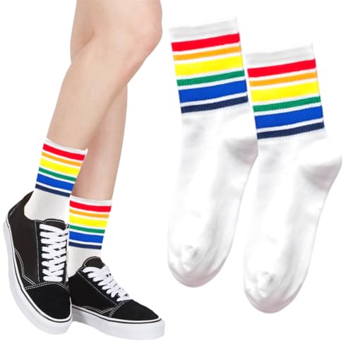 OHREN 1 Paar Schwule Stolz Unisex LGBTQ Sportsocken Herren Damen – Bunte Flagge Pride CSD Accessoires Regenbogen Geschenke (Weiß, Regenbogen，Mittelwert)