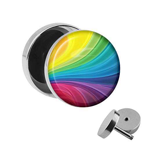 Treuheld | Ohrstecker zum Schrauben – bunter REGENBOGEN – Motiv Fake-Plug Ø 10mm Silber – Edel-Stahl Ohr-Ringe – Chirurgen-Stahl 316L Fake-Tunnel – Gewinde Ohr-Stecker – Raibow – rot, grün, blau, gelb