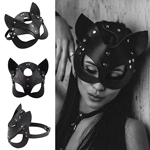 SINSEN Damen Leder-Katzenmaske, sexy Halbgesichts-Augenmaske, Cosplay-Kostüm, Requisiten, Halloween-Party, Maskerade, Karneval, Karneval, Zubehör (schwarz)