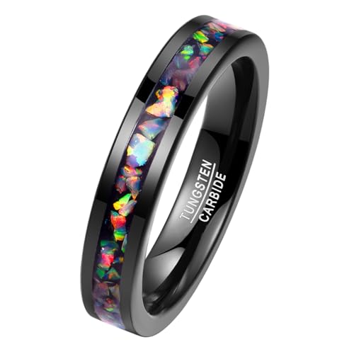 NUNCAD Ring Schwarz Damen 4mm Wolfram Eheringe Opalring für Frauen Größe 57(18.1)