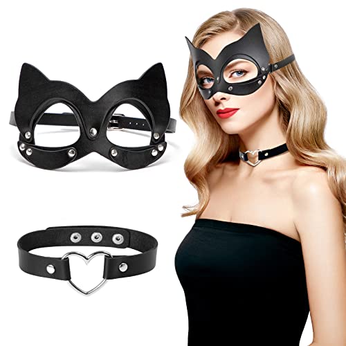 Catwoman Maske & Choker Set, Katzenmaske Damen, Schwarze PU Leder Maske für Halloween Cosplay