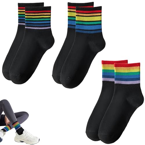 3 Paar Regenbogen Socken,Pride Lgbtq Outfit Regenbogen Accessoires,Rainbow Unisex Socks Ringelsocken Lgbt Deko Baumwolle,Regenbogen-Socken Bunte,Regenbogen Strümpfe Schwarz Weiß für Damen Herren