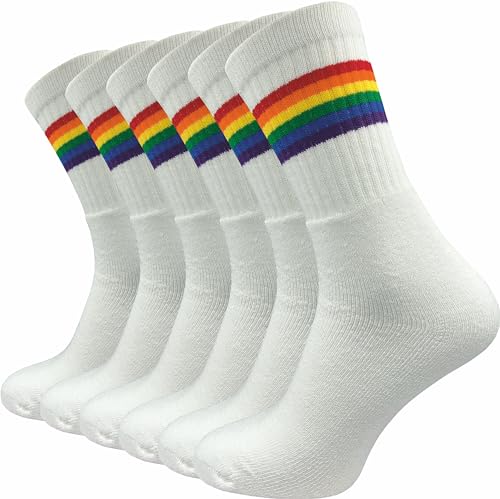 GAWILO Herren Tennissocken (6 Paar) | Sportsocken mit LGBTQ Ringel | Pride Socken | Retro Socken (DE/NL/SE/PL, Numerisch, 43, 46, Regular, Regular, weiß | LGBTQ)