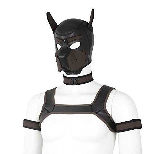 YiQin RWSX Weiche Latex-Hundemaske mit Ohren, Welpenmaske für Cosplay-Party-Maskerade Set (Maske, Halsband, Armbinde, Riemen) (Color : Brown, Size : Large)