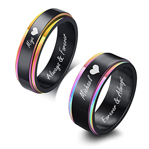 FLHEART Personalisierte Paar Ringe – Custom Gravur Edelstahl Regenbogen Belvedere Spinner Design Fidget Hochzeit Band Versprechen Verlobungsring für erren Damen Seine und ihre Paar Ring Satz