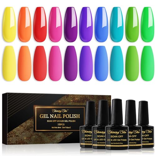 Shining She Neon UV Nagellack Set,10 Farben Rot Rosa Orange Gelb Blau Lila Grün Blau Schellack nagellack Soak Off UV Gel Nagellack Sommer Regenbogen Nail Art Set für Mädchen,8ML