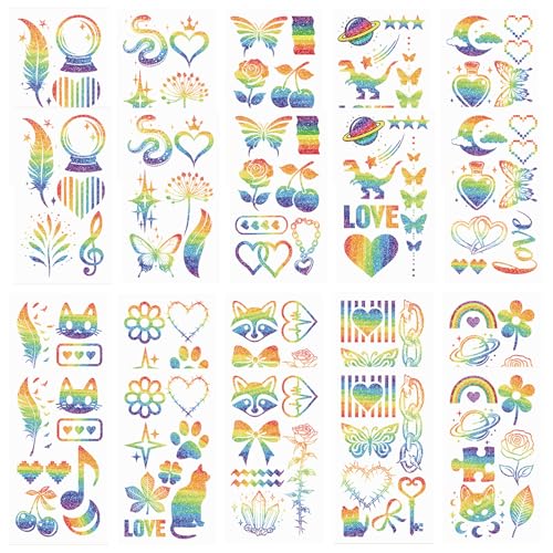 BSITSSS 20 Blätter Temporäre Tattoos, Regenbogen Glitzertattoos, Pride Tattoo Aufkleber Fake Tattoos zum Aufkleben Glitter Tattoo für Gay Lesbian Lgbt Partys Pride Parade Feiern