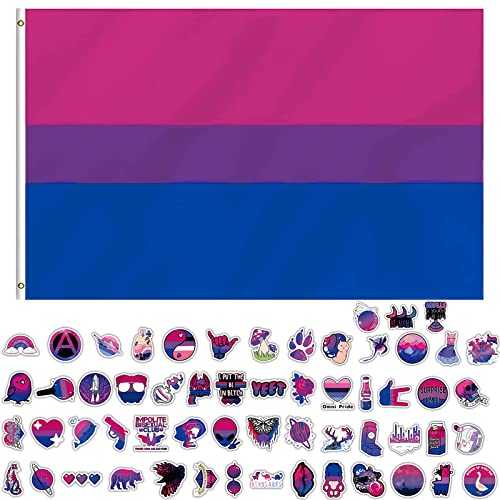 GoldRock Bi Flagge Bisexual Sticker Set,90×150 cm Bi Flag+60 Stk Pride Sticker,Bisexual Flag,LGBTQ Flagge Bi Accessoires,Bisexuelle Flagge für Indoor,Outdoor,Festival Feiern,Paraden und Dekorationen