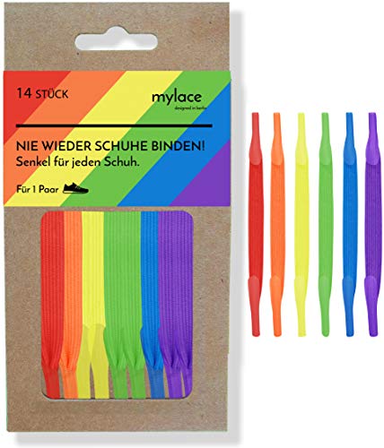 MYLACE – Schnürsenkel ohne binden – 14 Senkel für 1 Paar – nachhaltig verpackt – nie wieder Schuhe binden (Team Rainbow)
