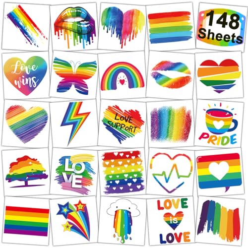 CHARLENT Temporäre Regenbogen-Tattoo, 148 einzelne Blätter – Pride-Tattoos, Herz, Lippen, Liebe, Regenbogen-Tattoo für Pride-Festivals