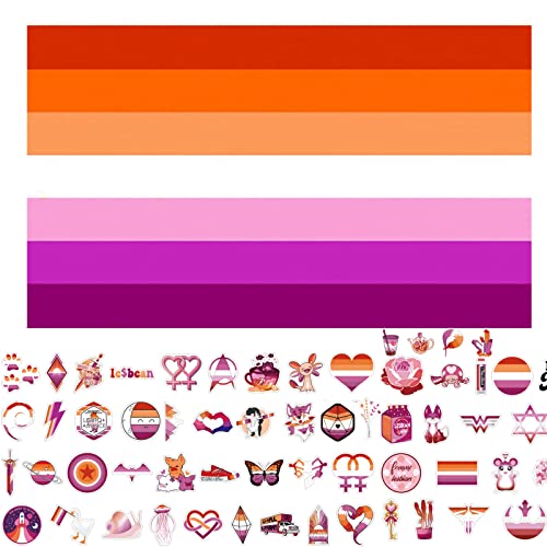 GoldRock Lesbian Flag Sticker Set, Lesbian Flagge 150×90 cm + 60 Stück Sticker, Lesbische Pride Flag, Lesbian Pride Flagge Merch für Indoor, Outdoor, LGBTQ,Pride Events, Paraden und Dekorationen