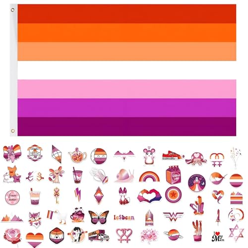 Lesbian Flag 150x90cm Lesbian Flagge + 50 lgbtq Flagge Sticker + 4 Lesbian Band Armband, Pride Flagge Merch für Indoor Outdoor LGBTQ Events, Paraden und Dekorationen
