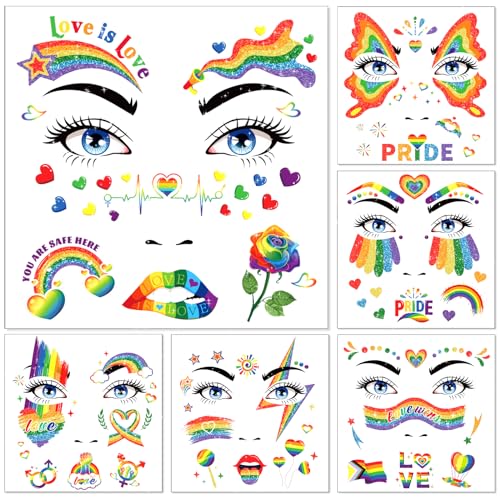 DPKOW Glitzer Regenbogen Gesichtstattoos Pride Accessoires, 12 Blatt LGBTQ Pride Temporäre Tattoos Regenbogen Pride Schminke für Erwachsene Männer Frauen, Pride Flag Temporäre Tattoos Gesichtskunst