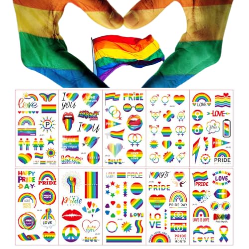 OHREN 10 Blätter, 112 Stück LGBT Temporäre Tattoos, Pride Tattoos, LGBT Stickers, Abziehbilder Tattoo Aufkleber für Feiern, Gay Partys, Pride Festivals, Pride Parade (Regenbogen)