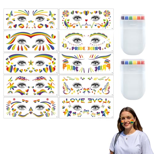 LGBT Gay Pride Tattoo Gesicht Pride Temporäre Tattoos, Pride Make-up Set mit 10 Rainbow Gesichtstatoos und 6 Farben Face Graffiti Stiften – Einzigartige Designs, Hautfreundliche Materialien