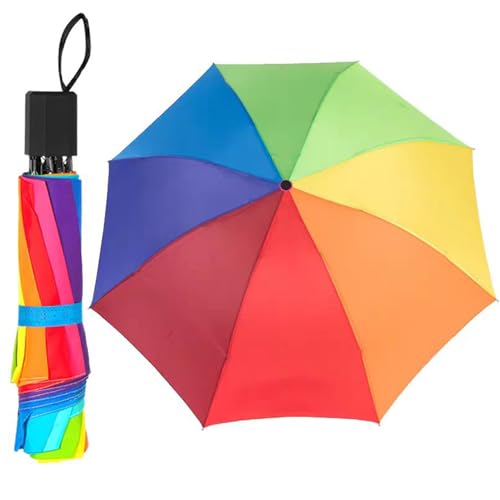 Qinsky Mini Taschenschirm Rainbow,Regenbogen Leicht Regenschirm Taschenschirm Rippen Windsicherer Sturm Taschenschirm Schirm für Herren und Damen