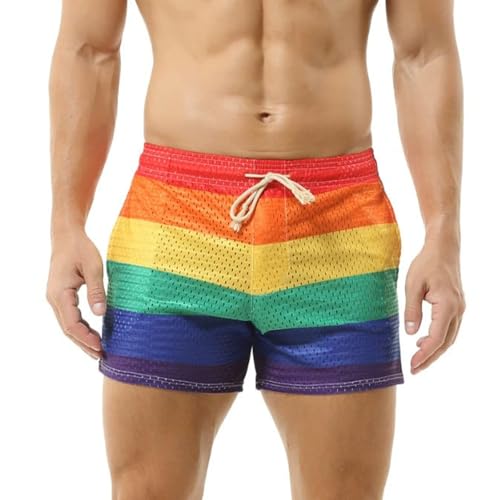 Caxndycing Boxershorts Herren Bunt Unterhose 3D Druck Kurze Hosen Regenbogen Streifen Unterhose mit Kordelzug Lustig Rainbow Sport Shorts Atmungsaktiv Stretch Unterwear