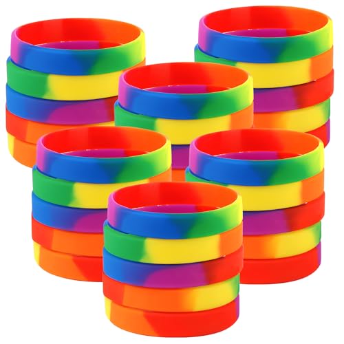Cosswe 30 Stück Regenbogen Silikonarmband, Sechs Regenbogen Armband Einschulung Armbänder Mutmacher Geschenke Party Mitgebsel für Kollegen Teenager Kinder