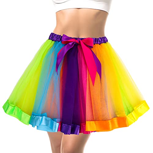 Damen Tüllrock Regenbogen Getäfeltes Tütü Retro 80er Jahre Erwachsene Tüll Rock für Halloween Rock Party Festival Feier