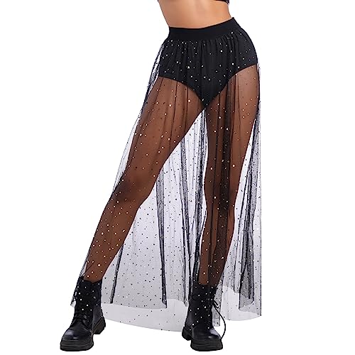 Festival Outfit Damen Rave Techno Sexy 2 in 1 Transparent Mesh Rock Shorts High Waist Maxirock Y2K Glitzer Sterne Pailletten Gothic Tüllrock Teenager Mädchen Party Streetwear Clubwear Schwarz M