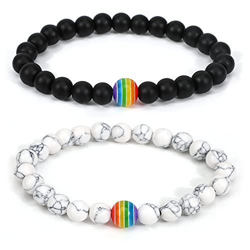 PHOGARY Gay Pride LGBT Armbänder (2 Packungen), Regenbogen-Perlen für Paare, Distanzarmbänder, schwarz + weiße Achat-Perlen, Lesbisches Armband, Gay Zubehör