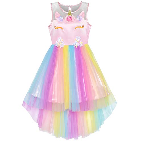 Sunny Fashion Mädchen Kleid Blume Einhorn Regenbogen Festzug Prinzessin Party Gr. 122