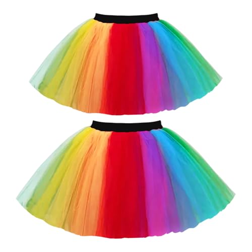TUONYIS 2 Stück Neon Tutu Rock Damen,50er Rockabilly Petticoat Ballet,80er Jahre Verkleidung Kostüm,Tüllrock Damen Karneval Party Kurz für Mädchen Frauen 50 80er Party -Outfit,Halloween (Regenbogen)