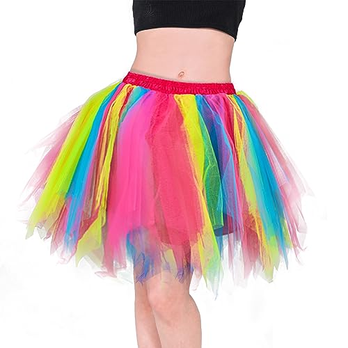 Homipooty Tüllrock Damen Regenbogen Rock Tütü Damen XXL Petticoat Unterrock Kurz Erwachsene Tüllrock Tutu XXL Halloween Kostüm Weihnachten Cosplay Karneval 80er Jahre Outfit